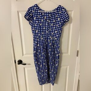 T34a- COLLECTIF LONDON Blue-White GINGHAM Plaid DAISIES Midi DEMIRA Sheath Dress
